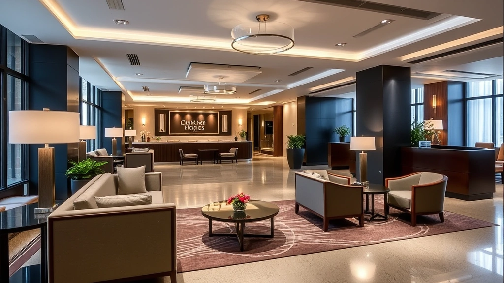 Hotel lobby or common area with contemporary design elements, modern seating areas, professional lighting, European aesthetic style, welcoming and upscale atmosphere