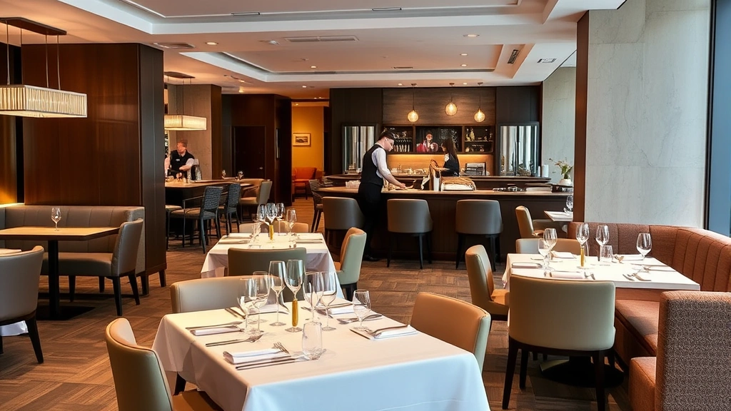 Hotel restaurant or dining area with modern furnishings, contemporary table settings, professional service environment, elegant but comfortable dining space