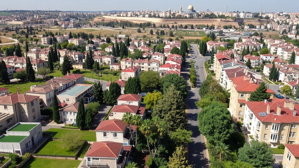 Aerial photograph of Jerusalem neighborhood showing residential buildings, green spaces, tree-lined streets, and distant views of the Old City walls, showcasing typical hotel location settings