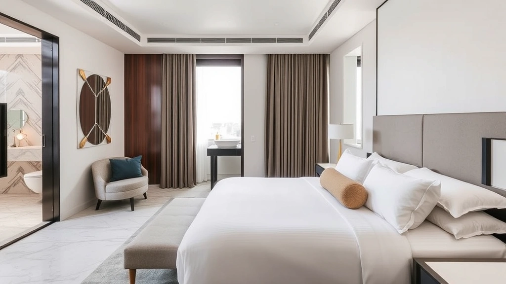 Modern luxury hotel bedroom with contemporary furnishings, premium bedding, marble bathroom visible through open door, natural sunlight from large windows, clean minimalist design