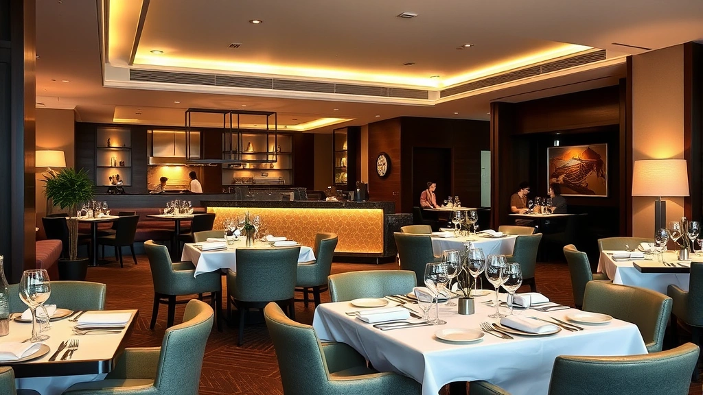 Hotel restaurant interior with contemporary dining setup, warm lighting, elegant table settings, open kitchen visible, guests dining in background, sophisticated ambiance
