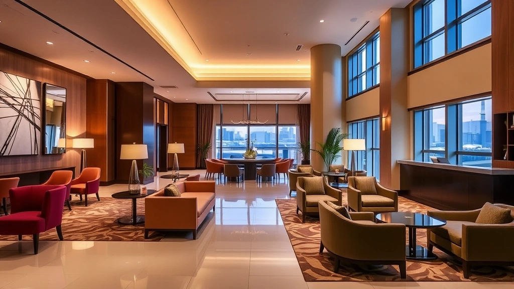 Hotel lobby lounge area with comfortable seating, modern artwork, warm ambient lighting, floor-to-ceiling windows showing city view, welcoming atmosphere with concierge desk