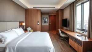 Modern hotel room interior with contemporary furnishings, comfortable bed with premium linens, desk workspace, and large window showing natural daylight, minimalist decor, residential comfort style