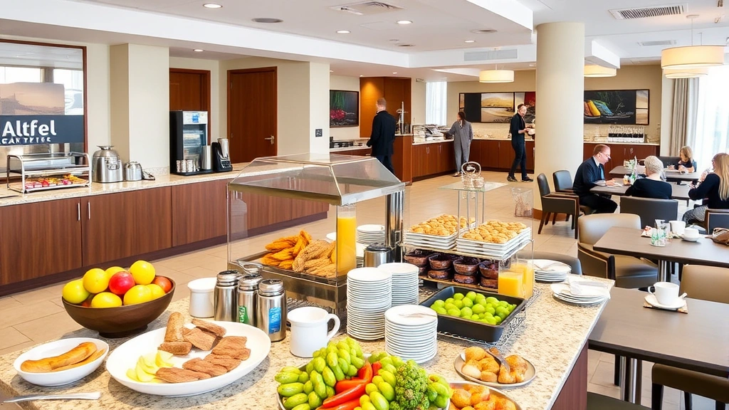 Hotel breakfast buffet or dining area with fresh fruits, pastries, beverages, and seating arrangements, clean modern design, guests enjoying morning meals in comfortable setting