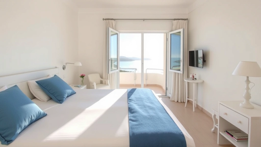 Bright Mediterranean-style hotel bedroom with white linens, blue accents, and open window overlooking coastal landscape, morning natural light streaming in, minimalist furnishings, clean and well-maintained