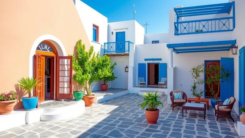 Welcoming hotel courtyard or entrance featuring Mediterranean architecture, potted plants, comfortable seating areas, blue and white color scheme, coastal Greek island setting with clear skies