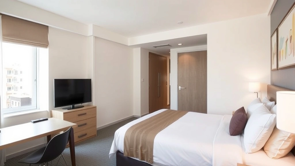 Modern hotel guest room with queen bed, flat-screen TV, contemporary desk, and bright natural window light showcasing clean minimalist decor and comfortable furnishings