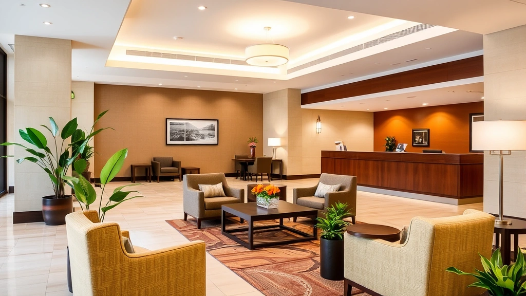 Hotel lobby lounge area with comfortable seating, welcoming ambiance, potted plants, modern lighting fixtures, and professional reception desk in background