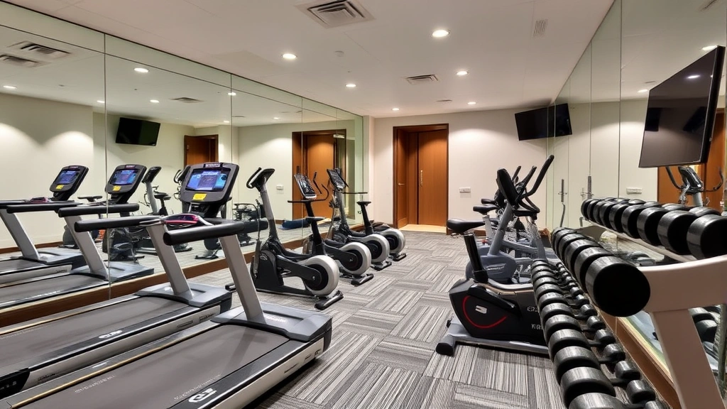Hotel fitness center with treadmills, stationary bikes, and free weights in bright well-lit space with mirrors and professional gym equipment