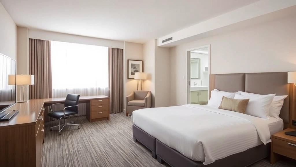 Spacious, modern hotel bedroom with comfortable bed, neutral tones, desk area, and contemporary bathroom visible through open door. Natural light from window showing daytime. Clean, well-organized, professional hospitality setting.