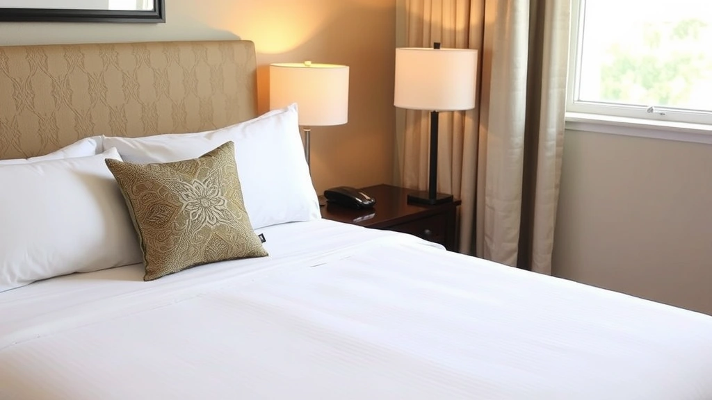 Comfortable hotel room corner showing quality bedding, decorative pillows, nightstand with lamp, and partial view of window with natural light. Neutral color palette, well-maintained furnishings, inviting rest environment.