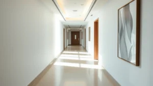 Pristine hotel corridor with modern minimalist design, soft neutral tones, natural window light streaming in, polished flooring, contemporary wall art