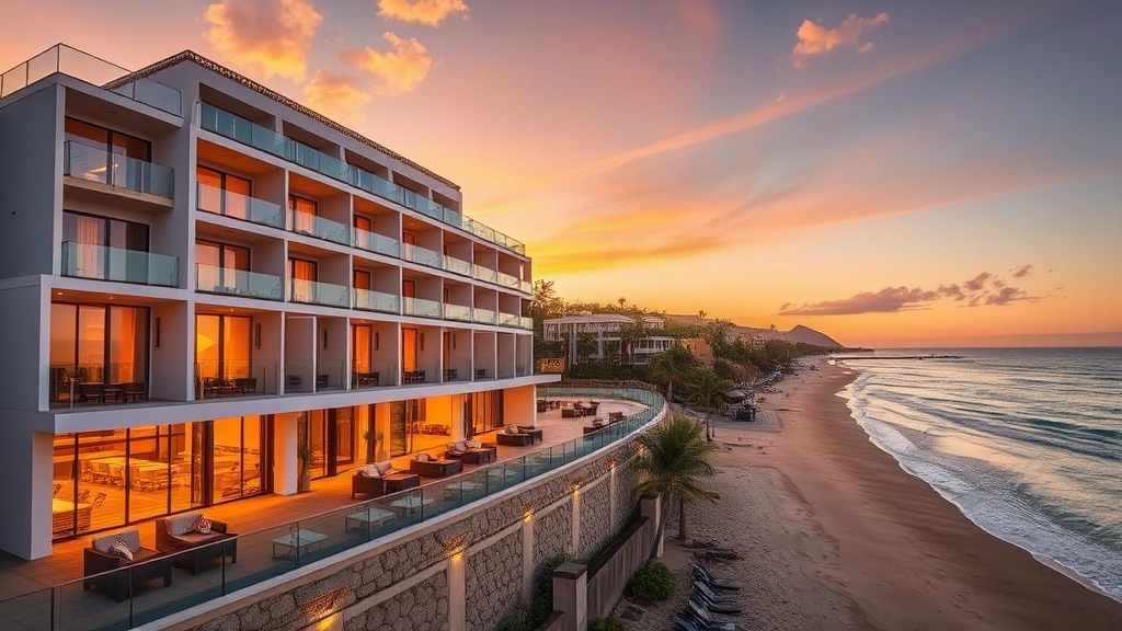 Coastal hotel exterior at sunset, beach view, modern architecture, warm golden light, calm ocean waters, lounge areas visible