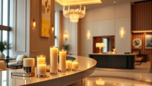 Elegant hotel lobby with warm ambient lighting, featuring multiple luxury scented candles of varying heights arranged on a polished reception desk, soft glow illuminating modern minimalist decor with cream and gold tones, photorealistic professional hospitality setting
