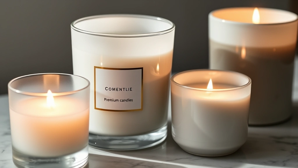 Close-up of premium candle vessels in frosted glass and ceramic materials displayed on a marble surface, warm candlelight creating soft shadows, sophisticated luxury candle collection showcasing different container designs and finishes