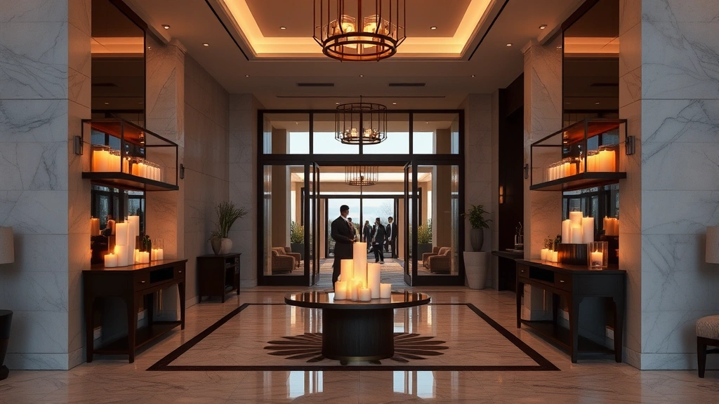 Upscale hotel lobby entrance at dusk with strategic candle placement on console tables and architectural shelving, creating visual hierarchy and ambient warmth throughout spacious modern foyer, guests arriving through glass doors with subtle fragrance ambiance