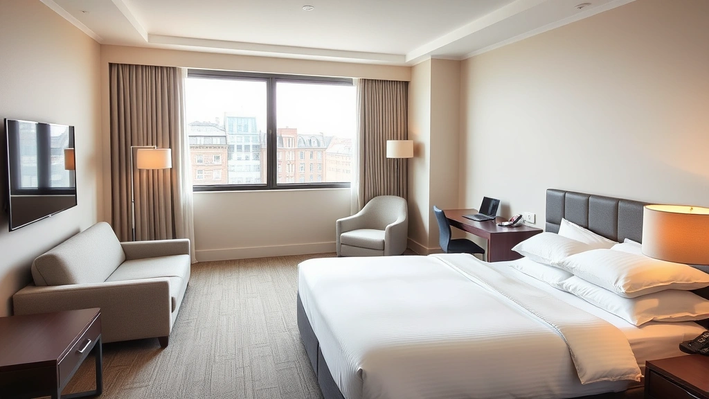 Modern hotel bedroom with contemporary furnishings, neutral color palette, bright natural lighting from window, clean white bedding, comfortable seating area, professional business desk setup, London architecture visible through window