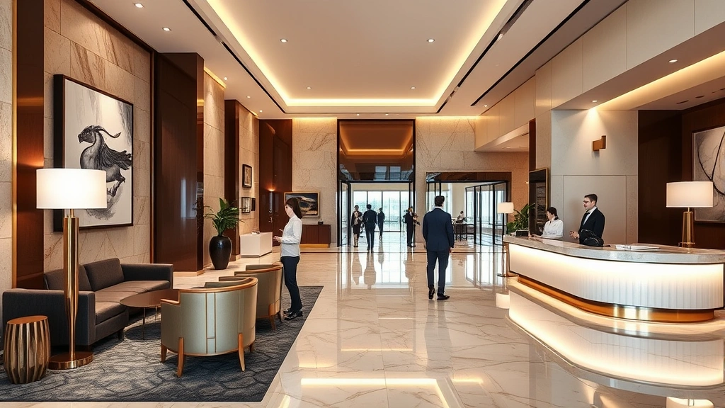 Upscale hotel lobby entrance with elegant marble flooring, modern reception desk, professional staff assisting guests, comfortable seating areas, contemporary art on walls, warm ambient lighting, welcoming atmosphere, business travelers and tourists checking in