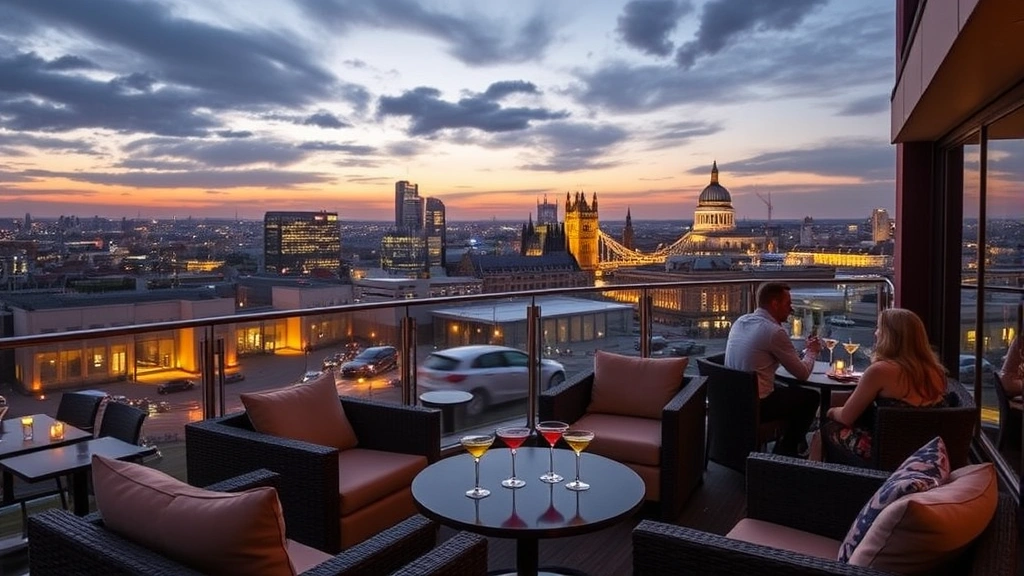 Hotel rooftop bar or lounge area with panoramic London cityscape views, evening lighting, comfortable seating arrangements, cocktail glasses on tables, city buildings and lights in background, modern architectural elements, guests relaxing and enjoying views