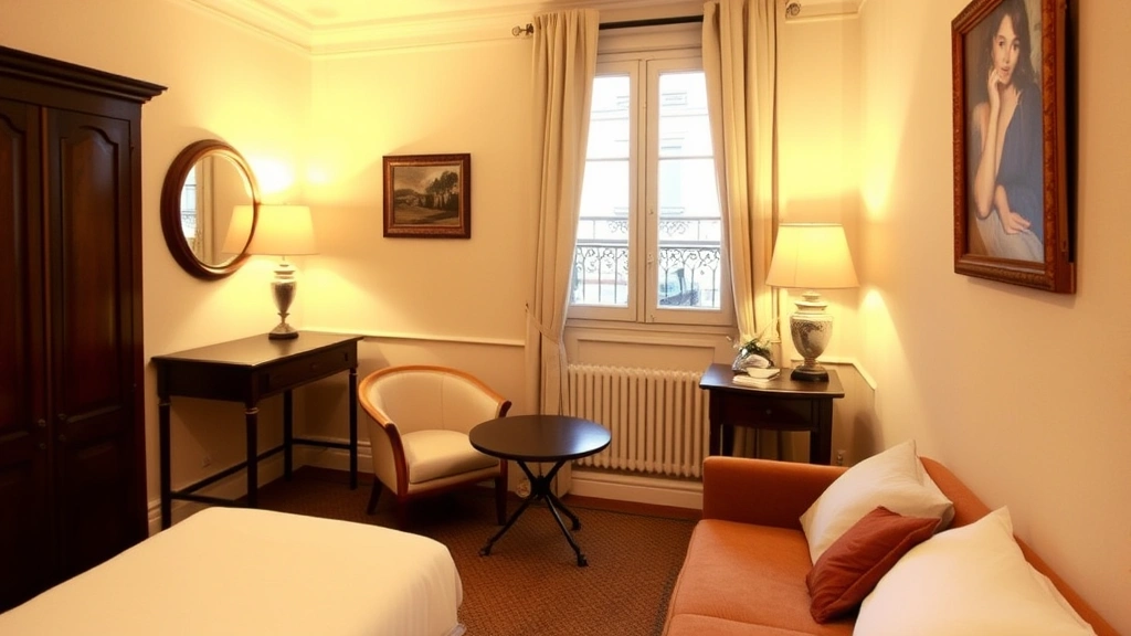 Cozy affordable Parisian hotel room with classic French décor, small window overlooking quiet residential street, warm lighting, simple but clean furnishings