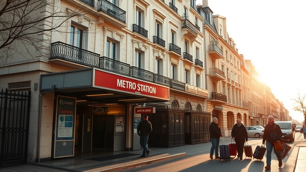 Metro station entrance in Paris neighborhood with apartment buildings, morning light, people with luggage, authentic urban residential setting