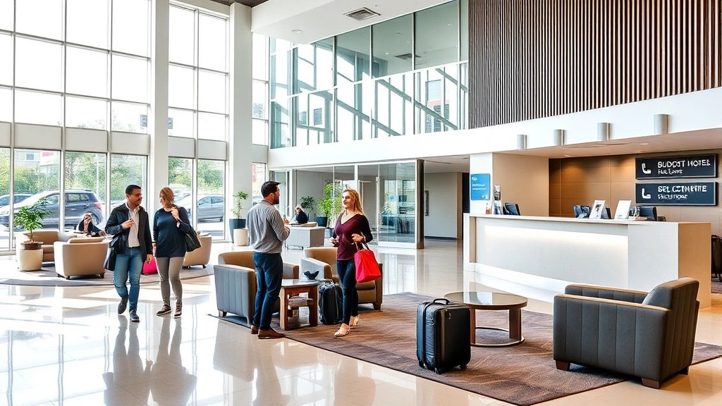 Spacious modern budget hotel lobby with comfortable seating, bright natural light, welcoming reception desk, contemporary design, guests with travel bags