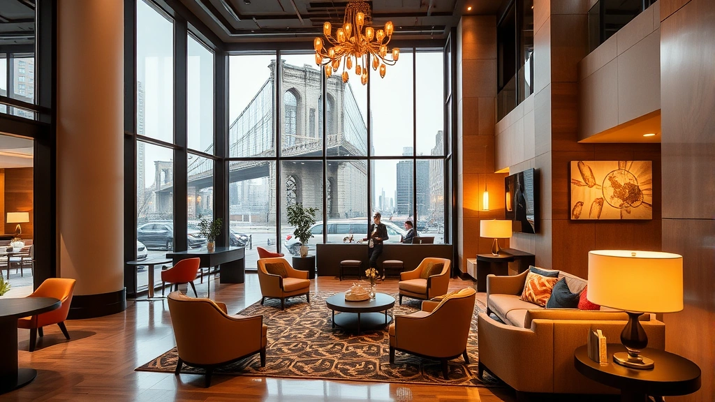 Modern hotel lobby with contemporary seating, warm lighting, and Brooklyn architectural elements visible through large windows, upscale but welcoming atmosphere