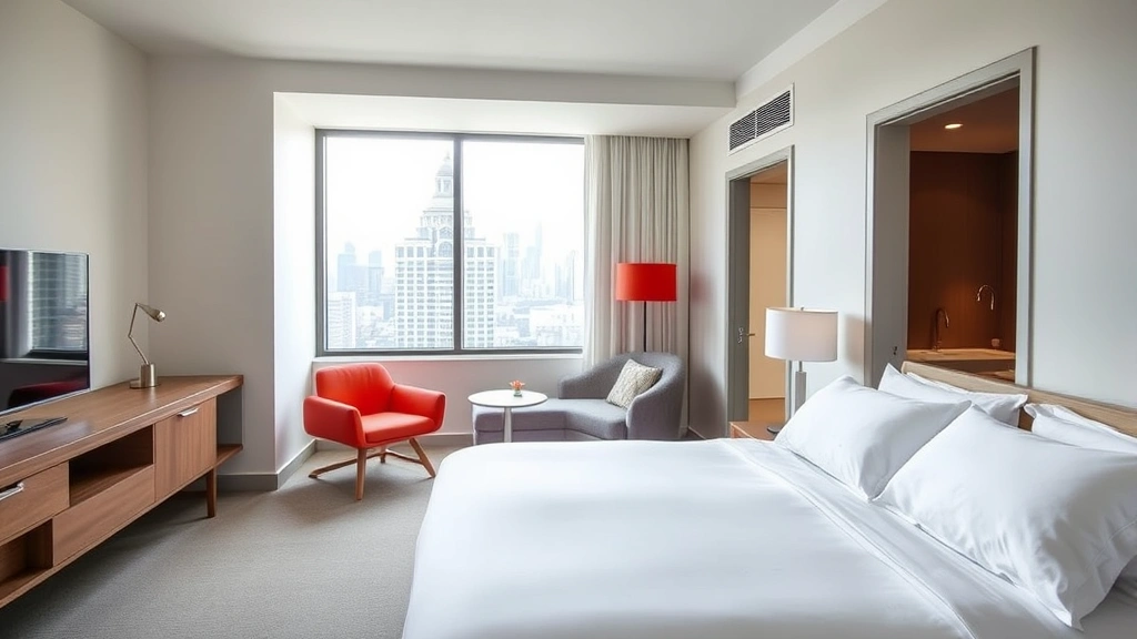 Bright, contemporary hotel guest room with king bed, minimalist design, city window view, modern bathroom visible through open doorway, neutral color palette with accent colors