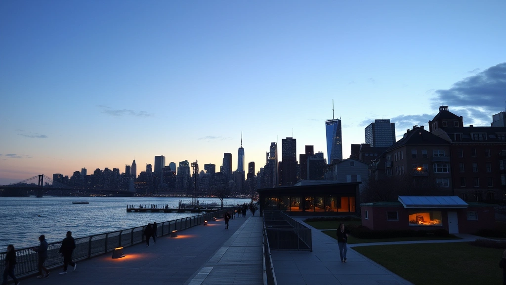Brooklyn waterfront promenade at dusk with Manhattan skyline reflection, residential buildings and parks, people walking and enjoying outdoor space, urban residential neighborhood