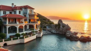 Luxurious Mediterranean beachfront hotel exterior with terracotta roofing and sea-view balconies overlooking calm blue waters and rocky Italian Riviera coastline during golden hour sunset