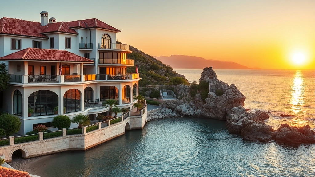 Luxurious Mediterranean beachfront hotel exterior with terracotta roofing and sea-view balconies overlooking calm blue waters and rocky Italian Riviera coastline during golden hour sunset