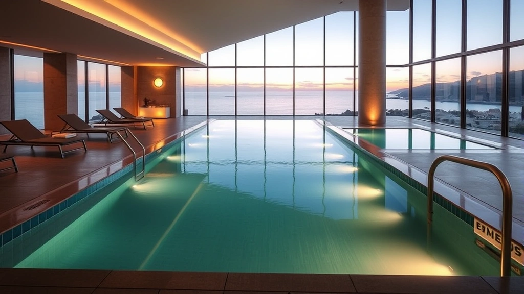 Modern spa wellness center interior featuring heated indoor swimming pool with contemporary lighting, loungers, and panoramic windows overlooking coastal landscape and Mediterranean Sea