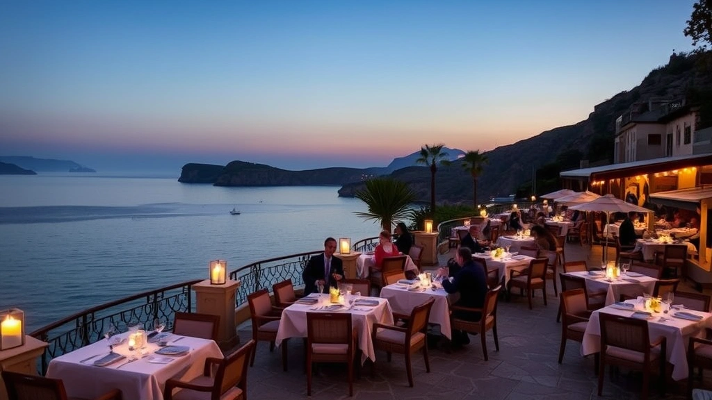 Al fresco seaside restaurant terrace at dusk with white tablecloths, candlelit dining tables, and guests enjoying meals with unobstructed views of calm bay waters and distant cliffs