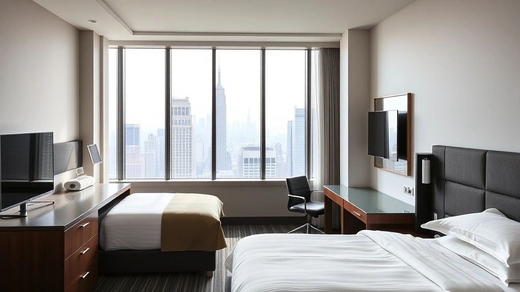Modern hotel room with contemporary design, comfortable bed with quality linens, flat-screen TV, work desk, floor-to-ceiling windows showing Manhattan cityscape, natural daylight streaming in, minimalist décor, professional business traveler setting, no text or signage visible