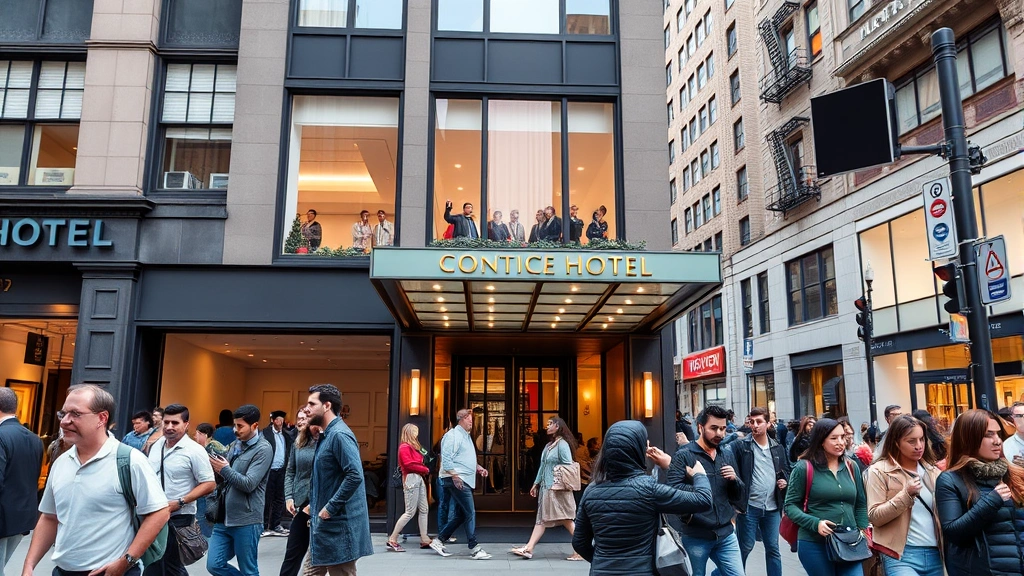 Bustling Manhattan street scene with pedestrians walking past contemporary boutique hotel entrance, urban neighborhood atmosphere, daytime natural lighting, diverse crowd of travelers and locals, modern storefront windows, vibrant city energy, no building numbers or address visible
