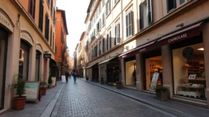Charming Monti neighborhood street with cobblestones, artisanal boutiques, and authentic Roman architecture, warm afternoon light, no visible signage or text