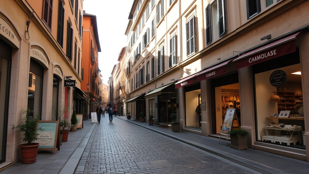 Charming Monti neighborhood street with cobblestones, artisanal boutiques, and authentic Roman architecture, warm afternoon light, no visible signage or text