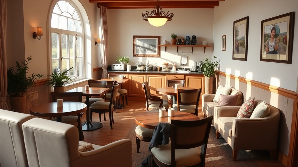 Cozy breakfast room with natural light, comfortable seating arrangements, morning atmosphere, tastefully decorated, no visible brand names or text on items