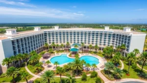 Aerial view of a modern hotel resort with swimming pool and manicured grounds in Florida, surrounded by palm trees and tropical vegetation, daytime with clear blue sky
