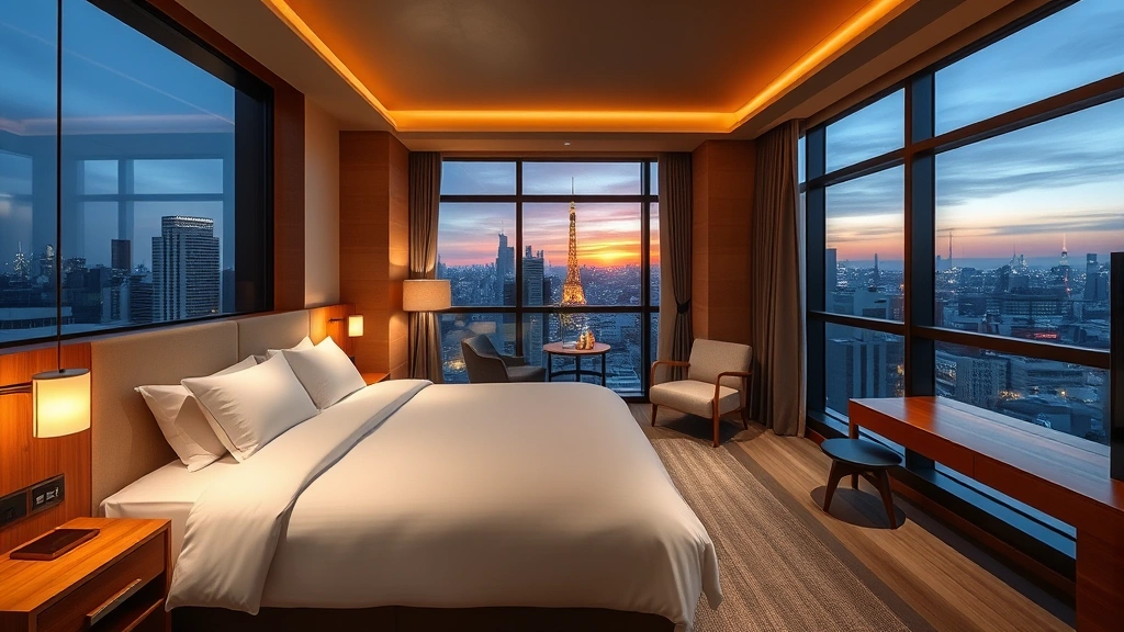 Modern Japanese hotel room with queen bed, minimalist design, wooden accents, floor-to-ceiling windows overlooking urban Tokyo skyline at sunset, contemporary furniture and neutral color palette