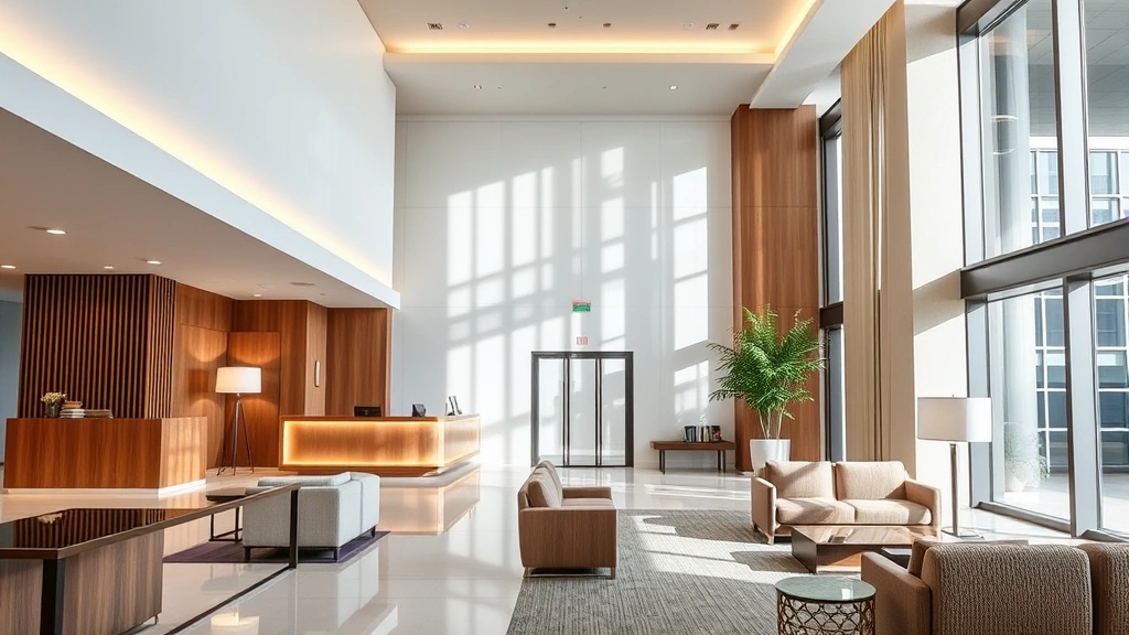Bright hotel lobby with contemporary architecture, comfortable seating areas, wooden reception desk, modern lighting fixtures, clean geometric design, Japanese aesthetic elements, professional business environment
