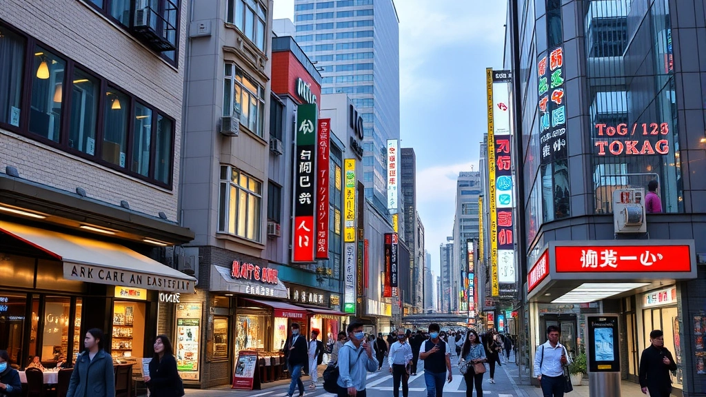 Akasaka district street view showing busy commercial area with restaurants, shops, pedestrians walking, train station entrance, urban Tokyo atmosphere, evening lighting, modern buildings and signage