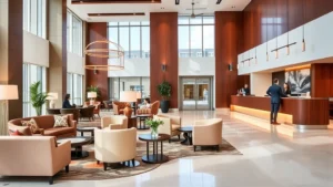 Modern hotel lobby with contemporary design, comfortable seating areas, and guests checking in at reception desk, bright natural lighting from large windows, neutral color palette with warm accents