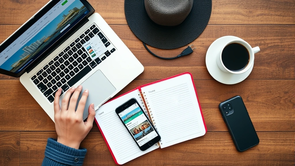 Overhead view of budget traveler planning trip on laptop with hotel booking website open, notebook with travel notes, coffee cup, and smartphone displaying hotel comparison app on wooden desk