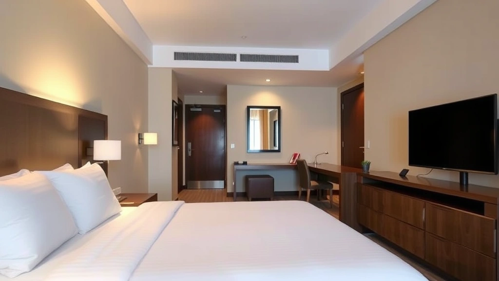Comfortable hotel bedroom with neatly made bed, modern amenities visible including flat-screen TV and work desk, clean white bedding, warm ambient lighting creating inviting atmosphere, no text or signage visible