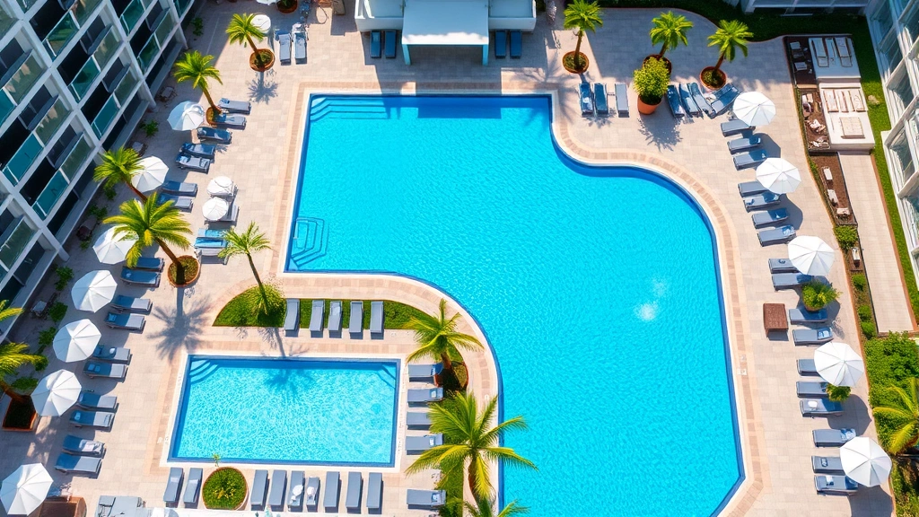 Aerial view of a modern hotel resort with sparkling blue Olympic-length swimming pool surrounded by lounge chairs, umbrellas, and palm trees on a sunny day