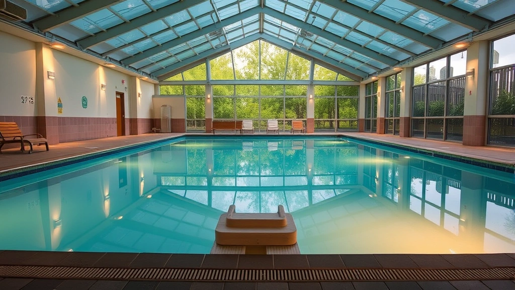 Indoor heated swimming pool facility with glass ceiling, warm water, and comfortable poolside seating area with towel service station visible