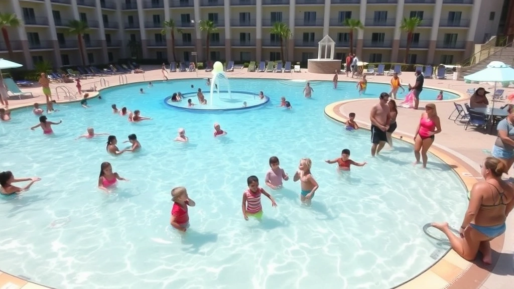 Family-friendly hotel pool area featuring shallow children's section with water features, splash pad, multiple depth zones, and lifeguard stand, busy with families enjoying summer