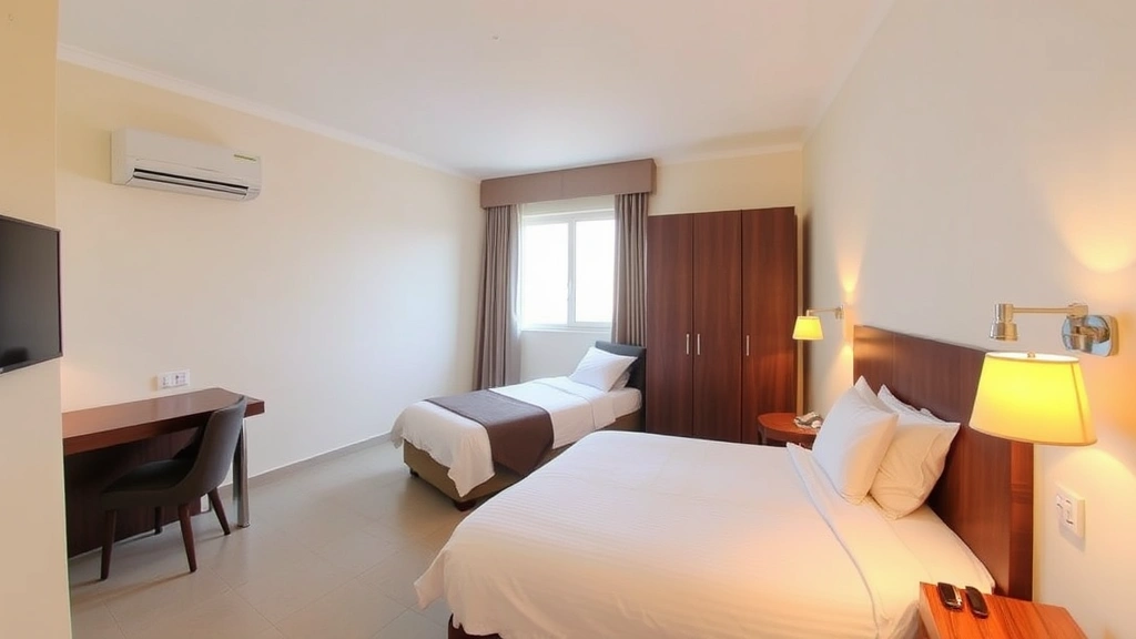 Spacious modern hotel room with twin beds, air conditioning unit on wall, desk workspace with chair, warm lighting from bedside lamps, clean tiled flooring, minimalist decor in neutral tones, window with natural light