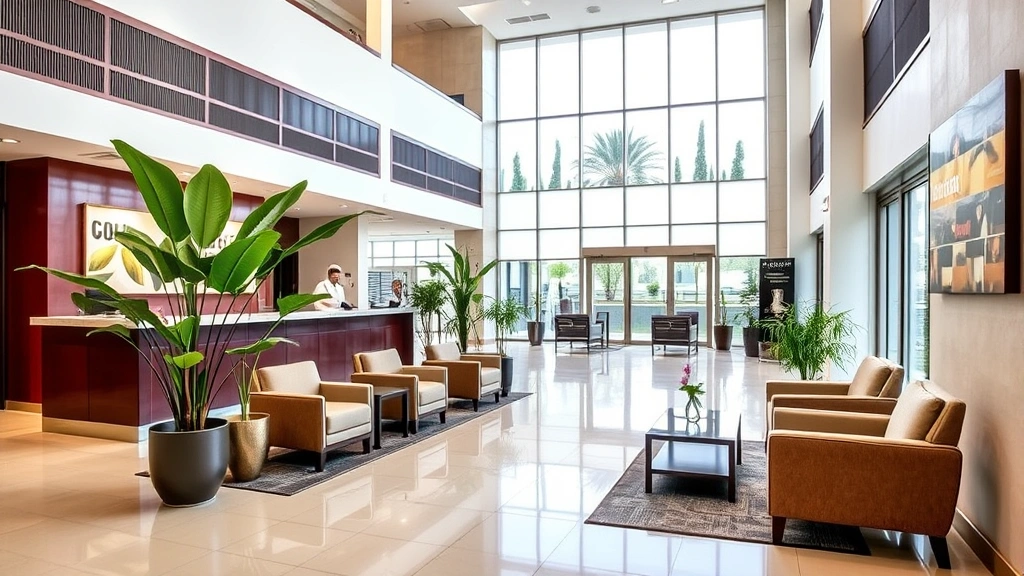 Bright hotel lobby reception area with front desk counter, comfortable seating area with upholstered chairs, tropical potted plants, polished floor, professional staff at desk, welcoming atmosphere, modern architectural design with high ceilings